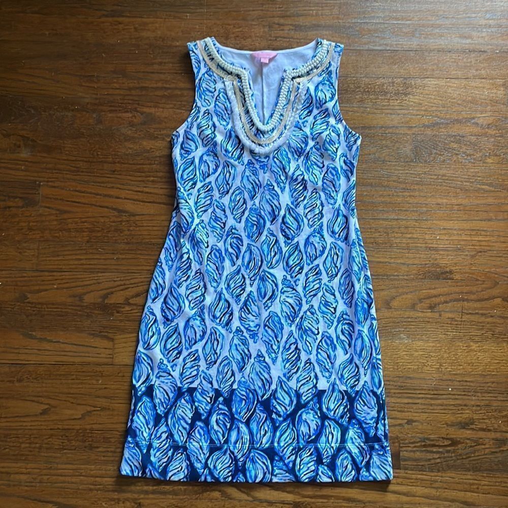 Lilly Pulitzer Harper Dress White Drop in Blue Gold Embroidery Shells